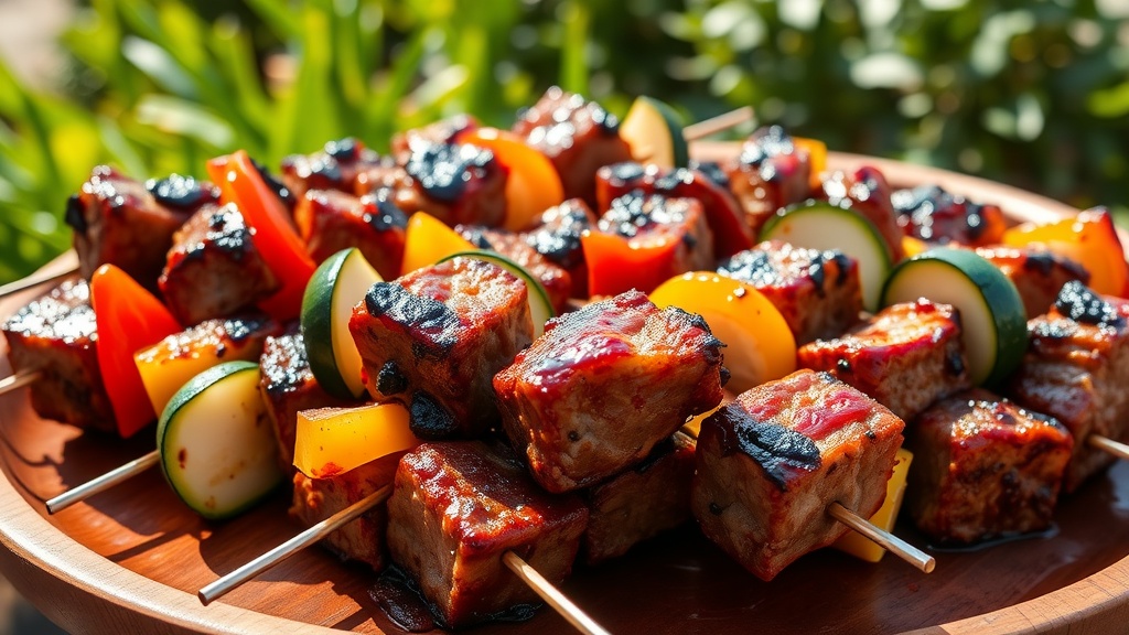 Grilled Beef Skewers with Smoky Marinade Grilled beef skewers featuring beef, bell peppers, onions, and zucchini on a wooden platter in a sunny outdoor setting.